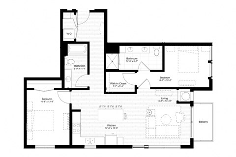 Floor plan for 2 beds, 2 baths, 1134 sqft